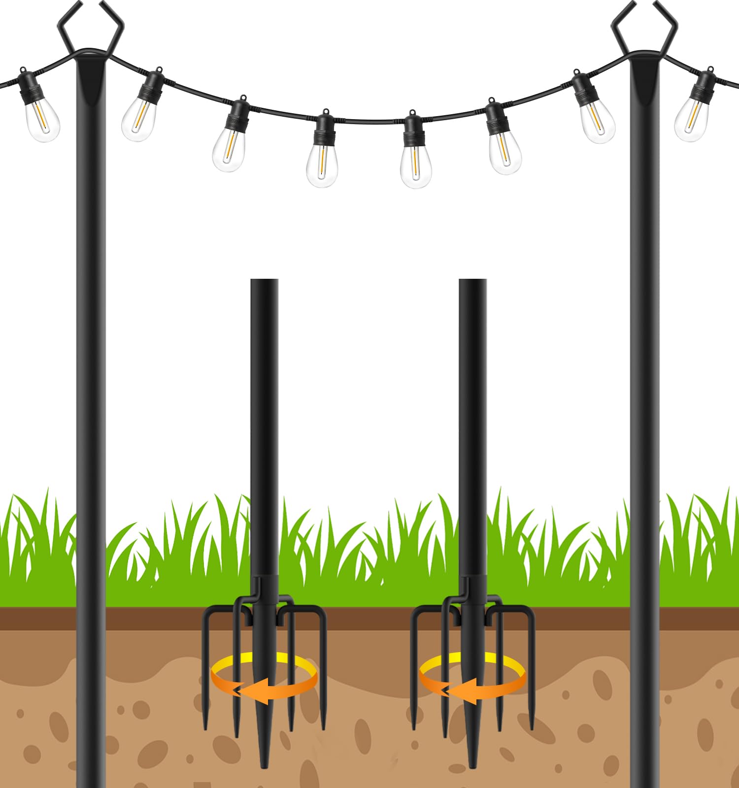 6 Pack String Light Poles, Outdoor String Light Pole 10 ft Forked Metal Light Pole with Adjustable Outdoor Light Stand, Deck, Backyard, Garden, Wedding, Rustproof and Sturdy with Hooks